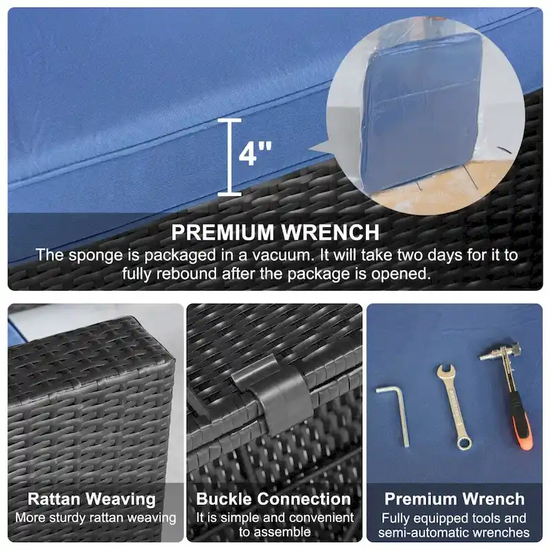 7 Pieces Patio Furniture Sets with Blue Cushions and Coffee Table