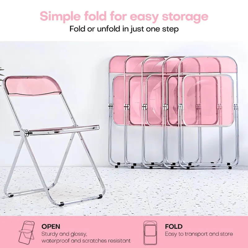 Transparent Acrylic Stackable Folding Dining Chair w/ Metal Frame, Single - 29.1(H) x 18.1(W) x 18.5(D)