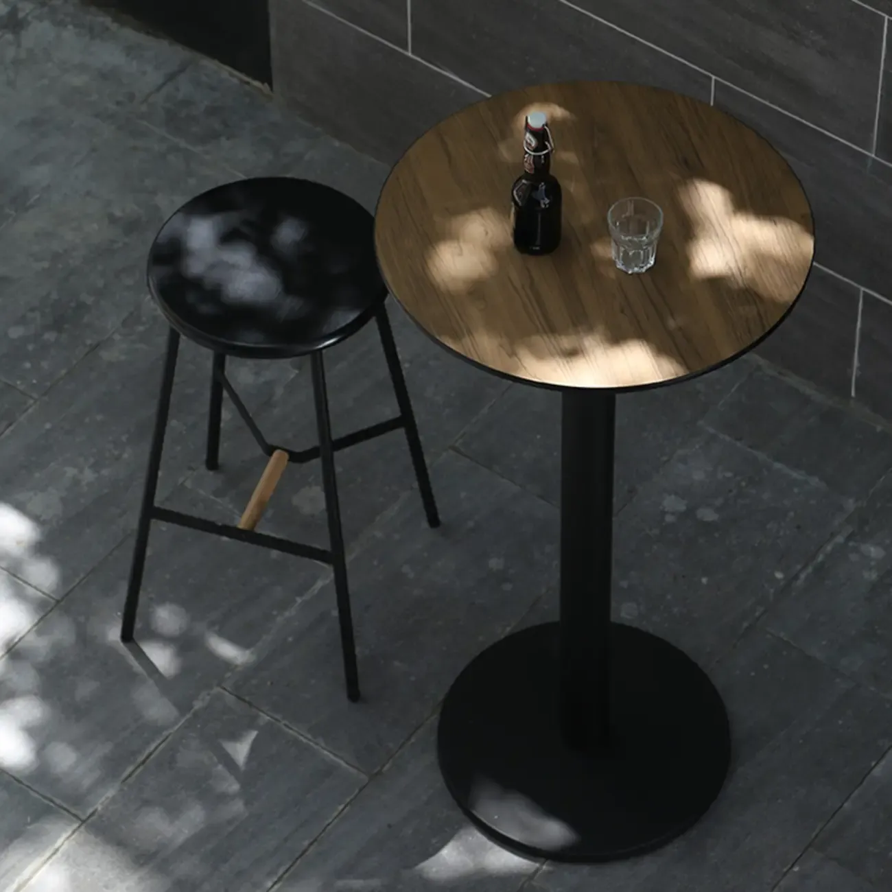 Elegant Wooden Pub Bar Table with Black Metal Base for Cafe