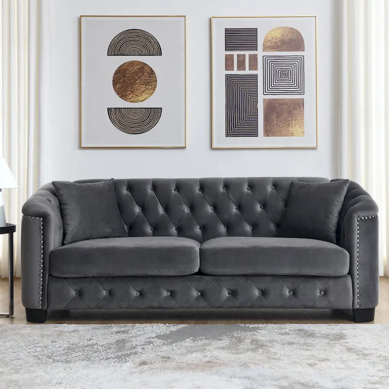 Grey 77 Modern Velvet 3-Seater Sofa with Tufted Backrests and Nailhead Trim