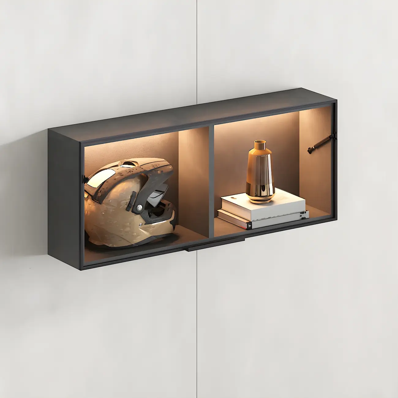 Black Wall Mount Wood 2-Cube Display Cabinet with Light