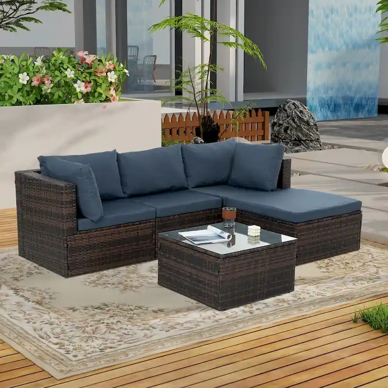 5 Set Wicker Furniture With Tempered Glass Coffee Table