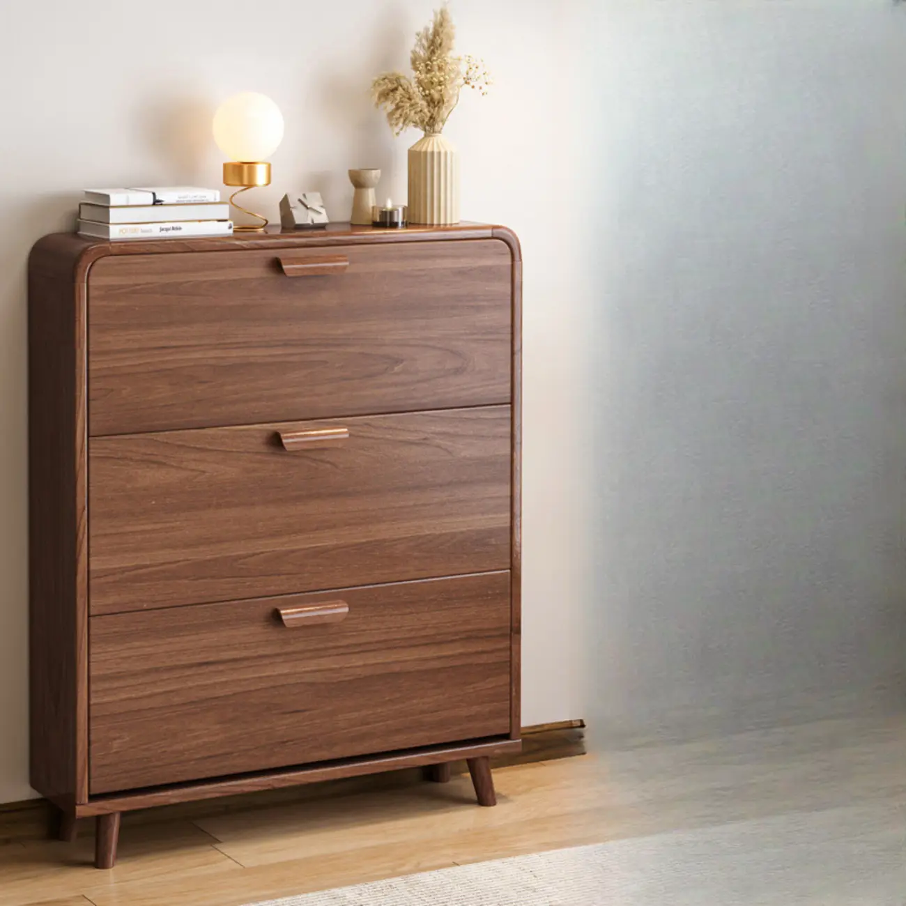 Traditional Hidden Adjustable 3 Tiers Solid Wood Shoe Cabinet