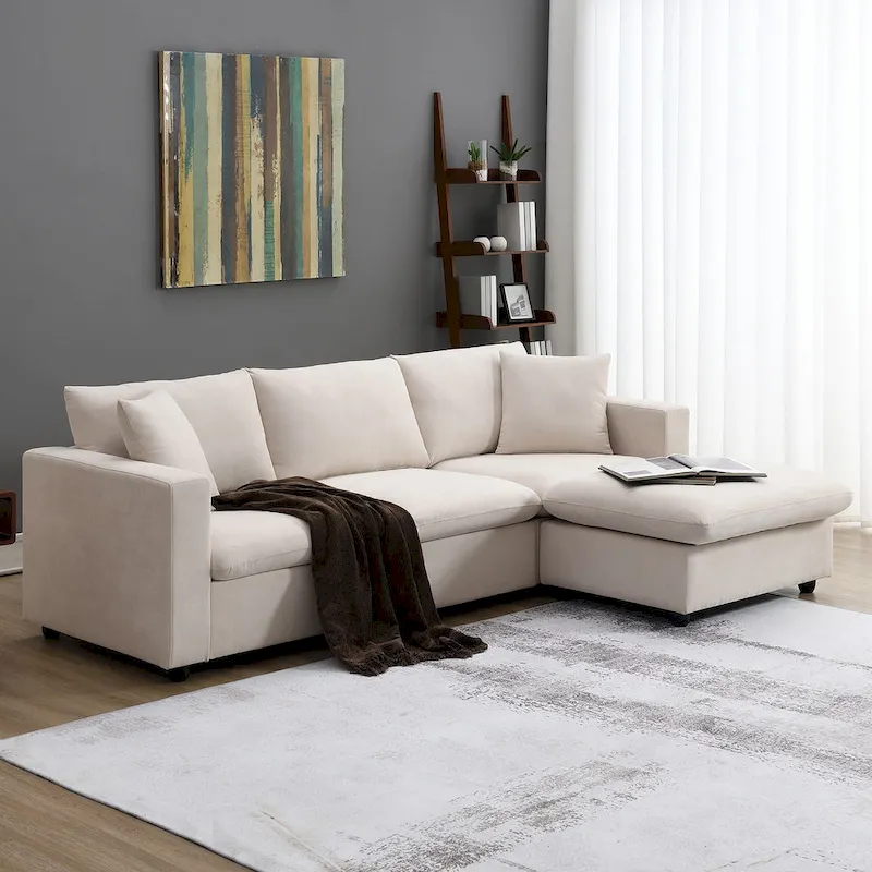 Modern 4-Seat L-Shaped Sectional Sofa, with 2 Free pillows, Convertible Ottoman