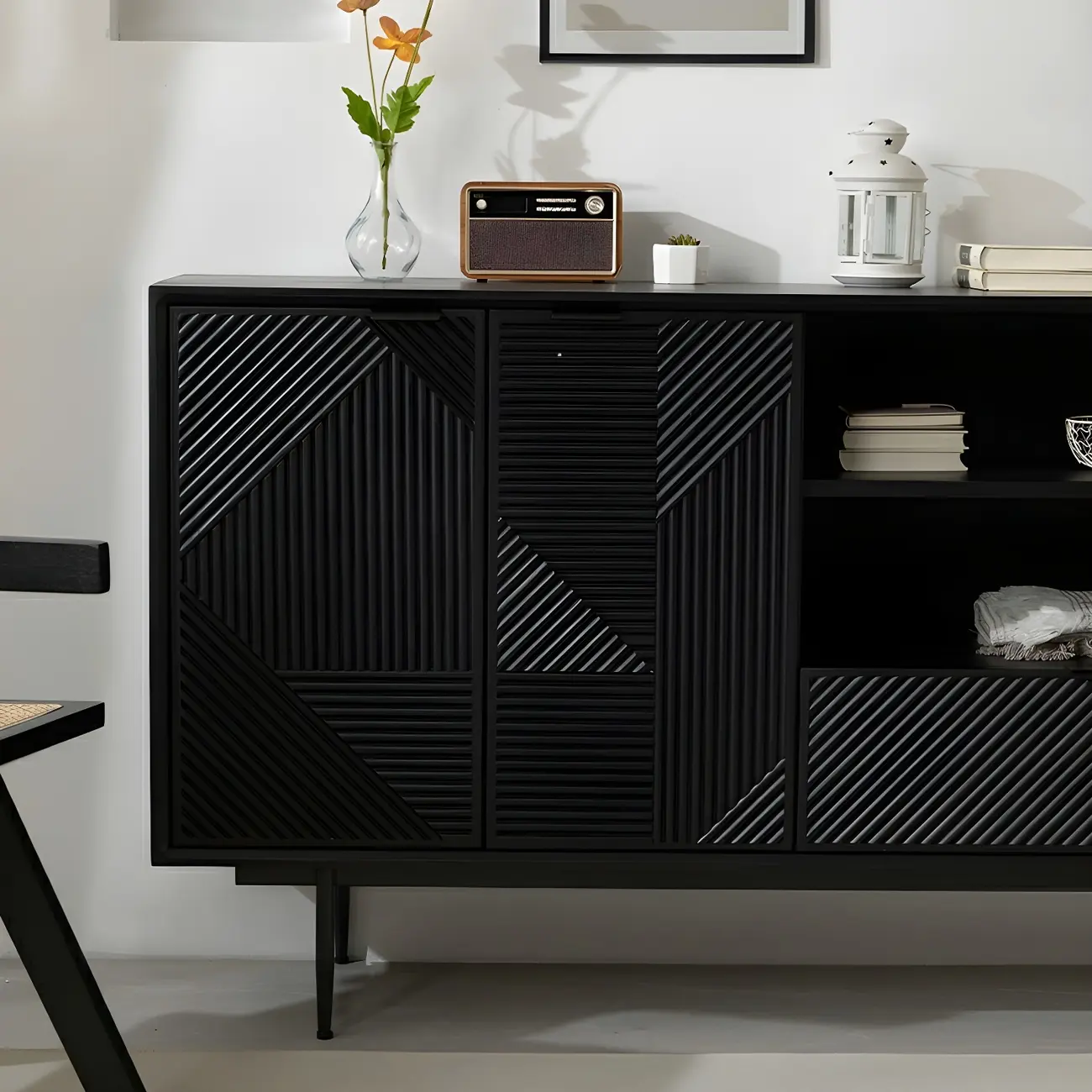 Geometric Black Wooden Sideboard with Drawer & Cabinet