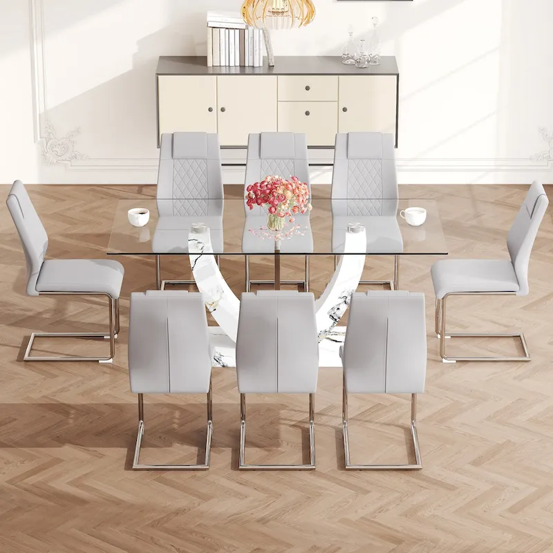 Modern Tempered Glass Dining Table Set with U-shaped Marble Pattern Base and PU Upholstered Chairs