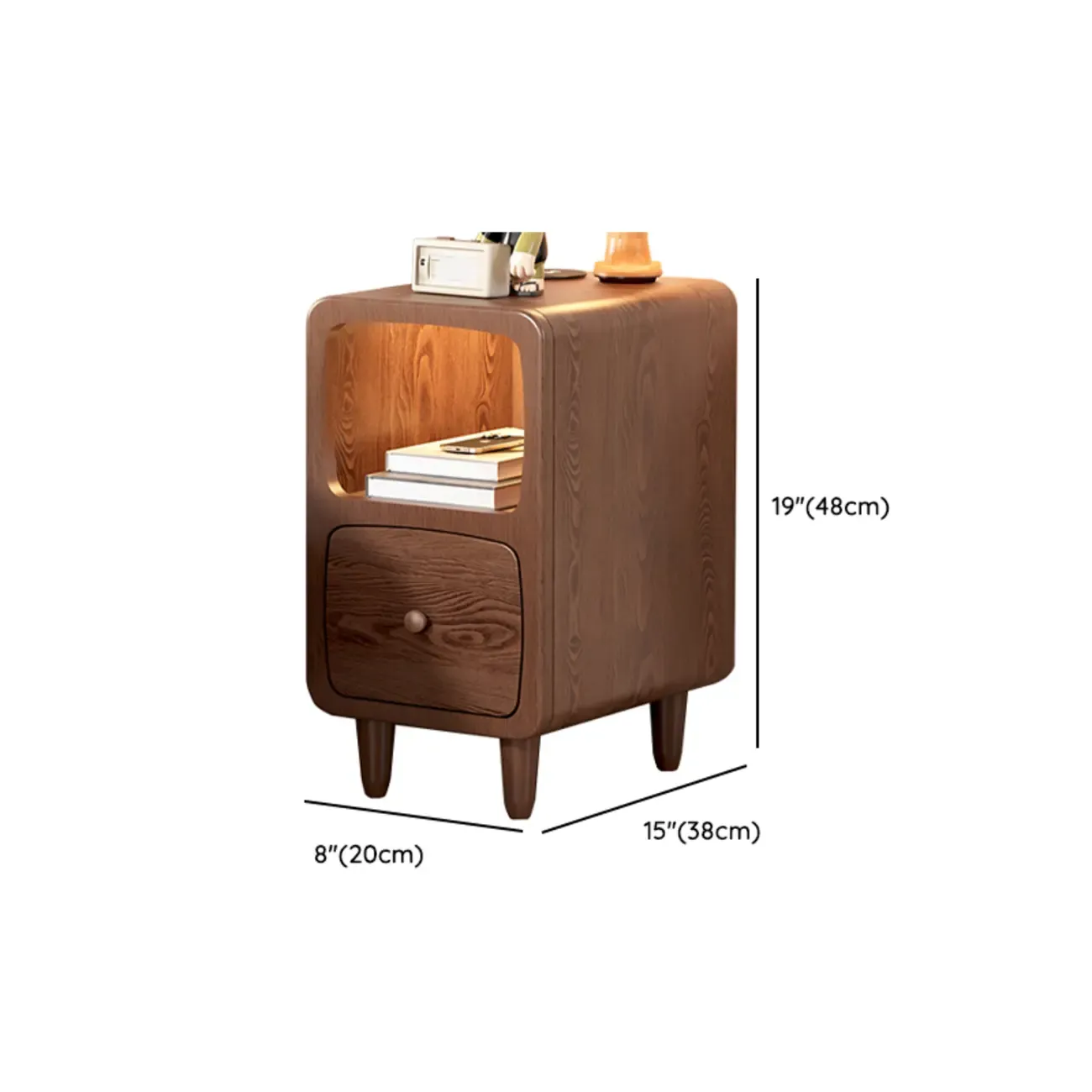Modern Wood Small Nightstand Open Shelf and Drawer