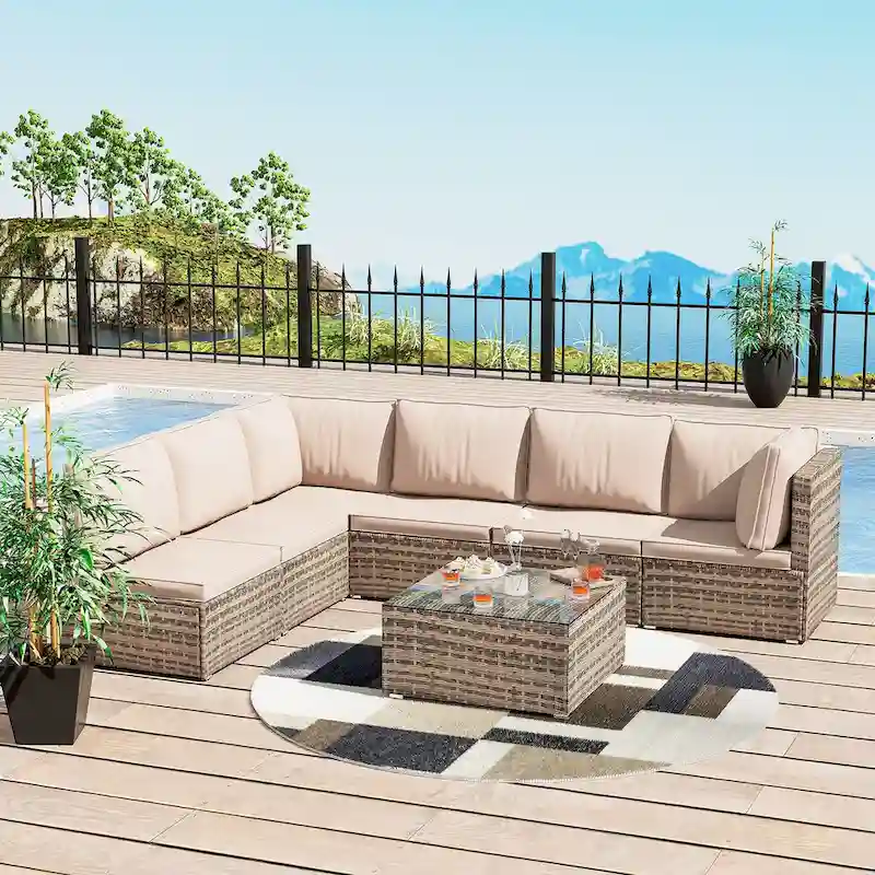 Light Brown 7-Piece Wicker Outdoor Sectional Set Patio Sofa Set with Beige Cushions and Coffee Table