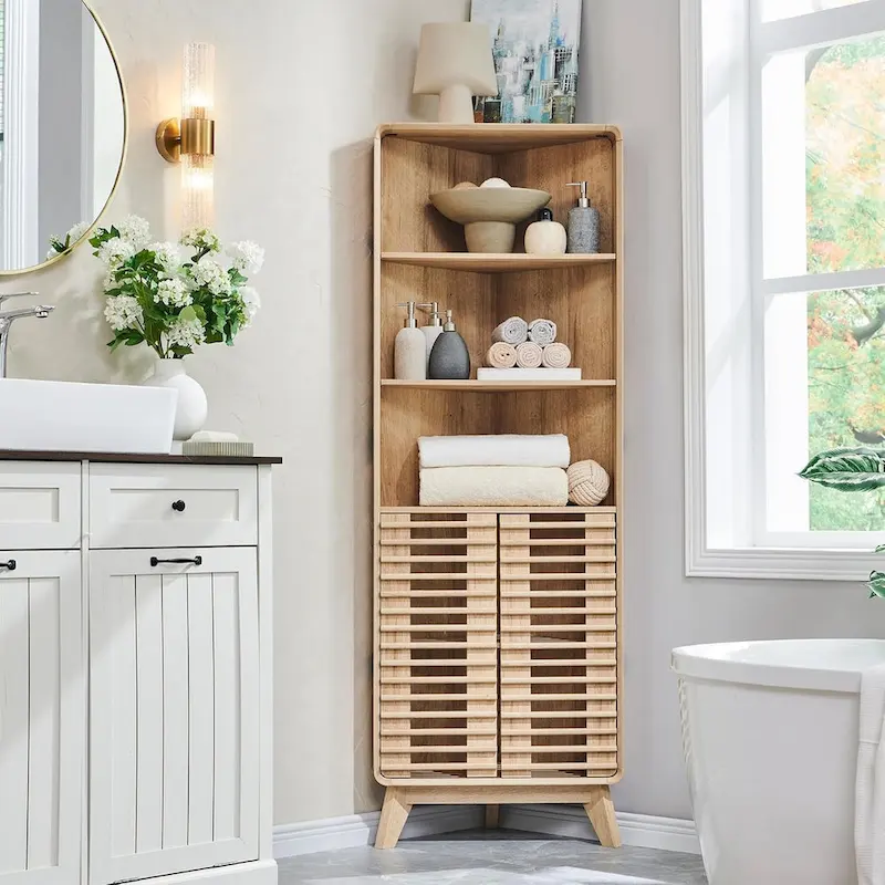 Slatted Door Tall Corner Cabinet, 68 Mid-Century Bathroom Cabinet