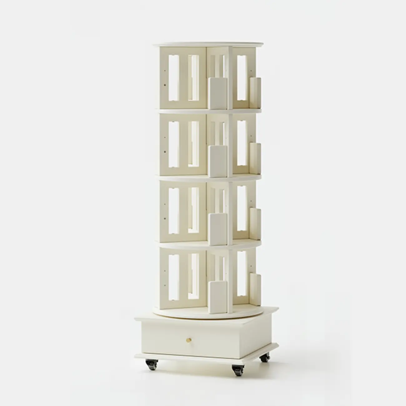 Cylindrical Movable 360° Rotating Wooden Bookshelf with Drawer