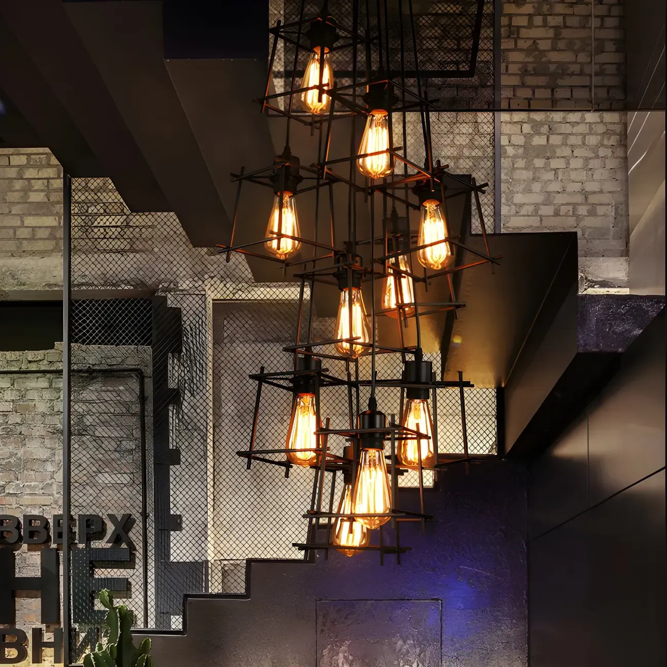 Large 10-Light Black Caged Industrial Pendant Chandelier