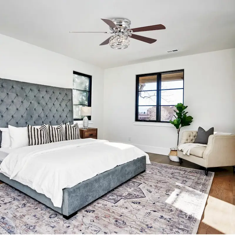 48  Chrome Wooden 5-Blade Crystal Flush Mount Ceiling Fan with Remote