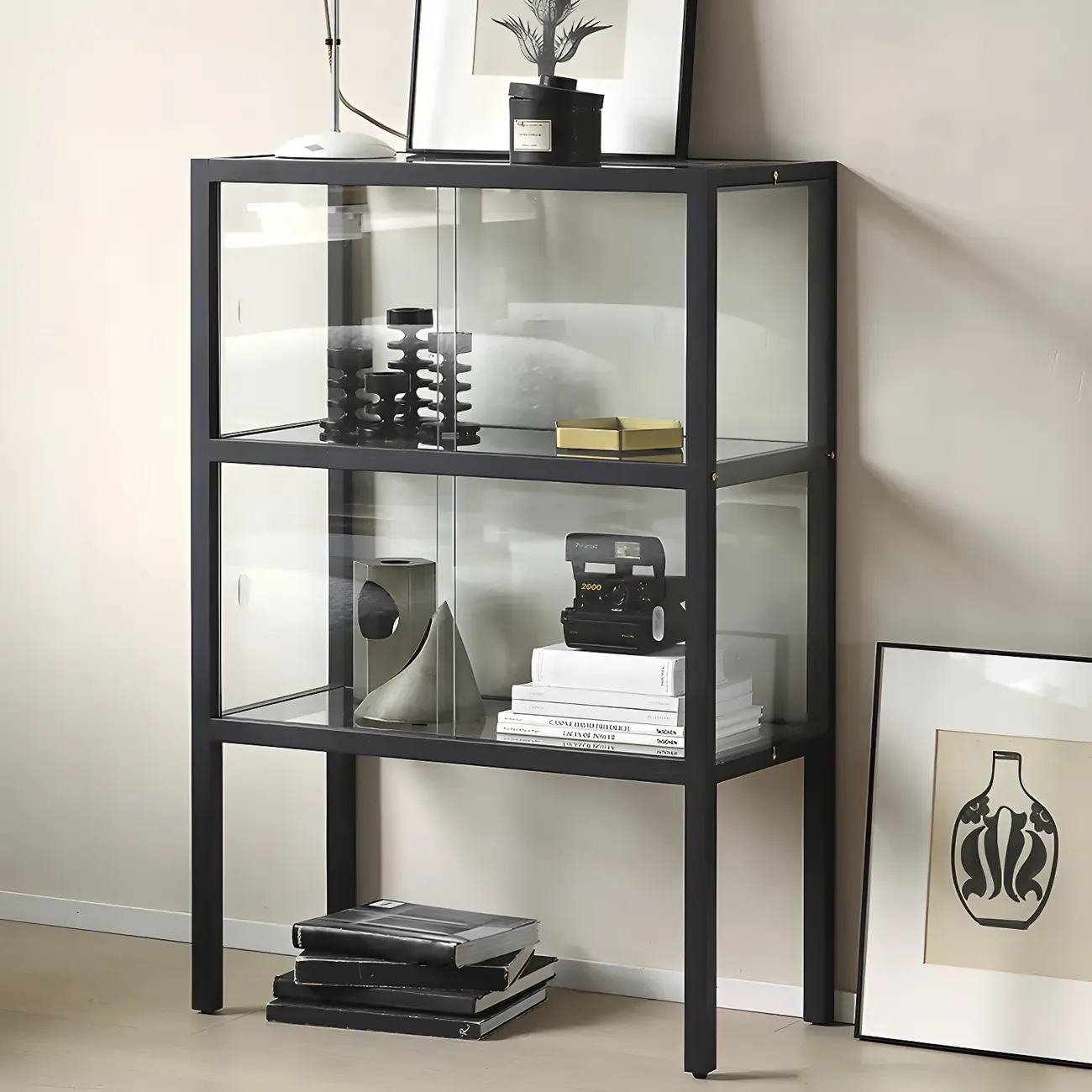 Modern Black Glass Display Cabinet with Metal Frame