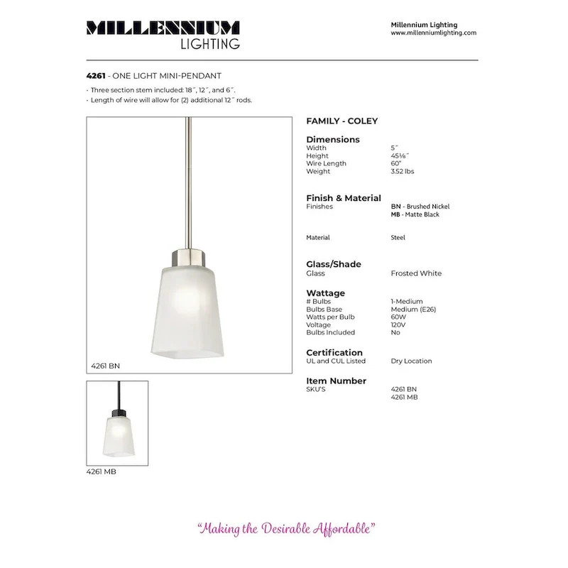 Millennium Lighting Coley 1 Light Pendant in Brushed Nickel with Frosted Glass Shades