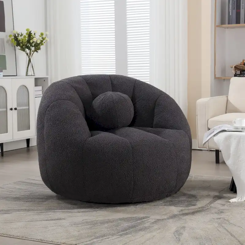 HOMEFUN Boucle Upholstered Round Lazy Cozy Bean Bag Chair With a Pillow