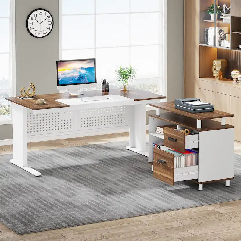 L Shaped Executive Desk, Large Computer Desk with File Cabinet