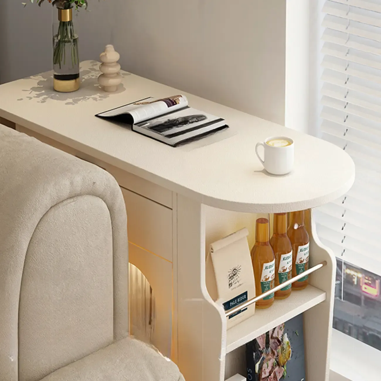 Adjustable White Wood Multi-Functional Side Table with Wheels