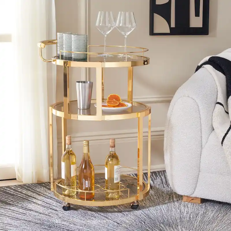 SAFAVIEH Sueann 3 Tier Round Bar Cart-Gold / Tea - 22.1 x 19.7 x 34.3 - 22Wx20Dx34H