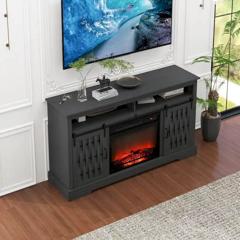 58.03 Fireplace TV Stand with Electric Fireplace and Sliding Barn Doors for TVs Up to 65