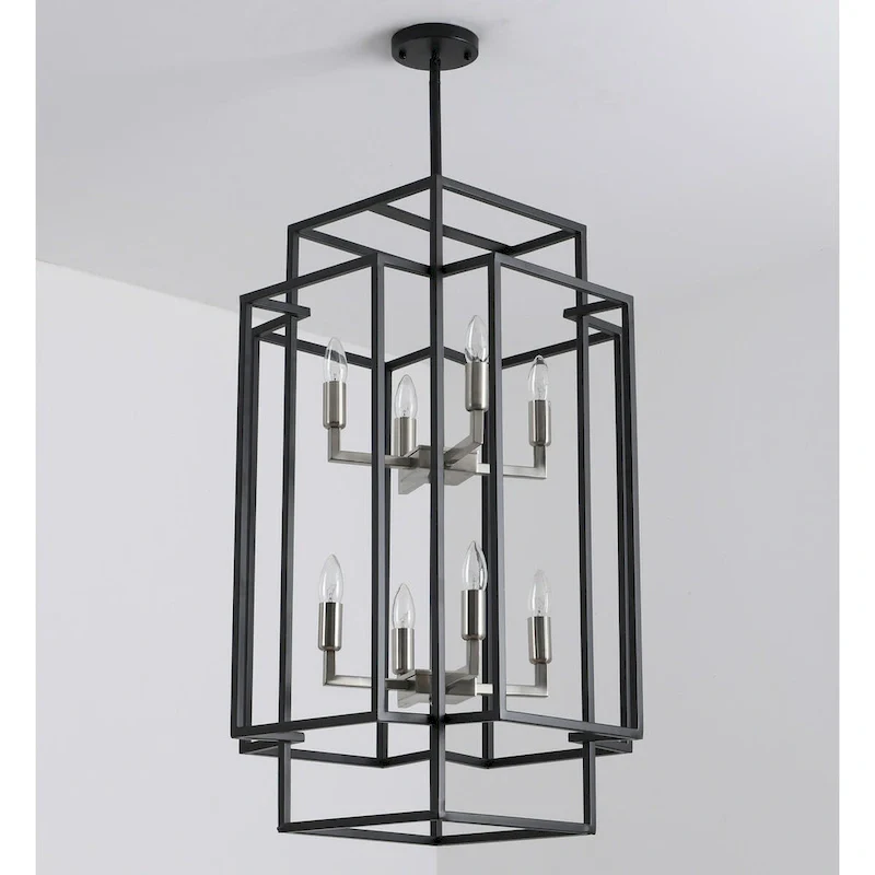 Black 8-Light Industrial Rectangle Iron Frame Pendant