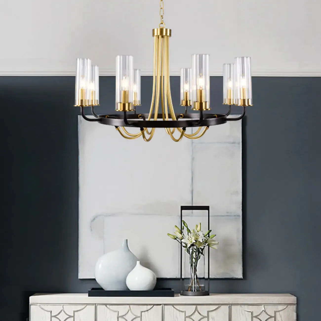 Modern Circle Black Gold Clear Glass Shade Chandelier