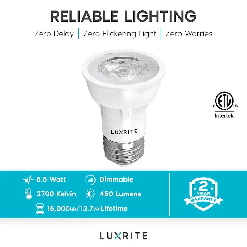 Luxrite PAR16 LED Bulb, 50W Equivalent, 450 Lumens, Dimmable, Enclosed Fixture Rated, ETL, Damp Rated, E26 Base (6 Pack)