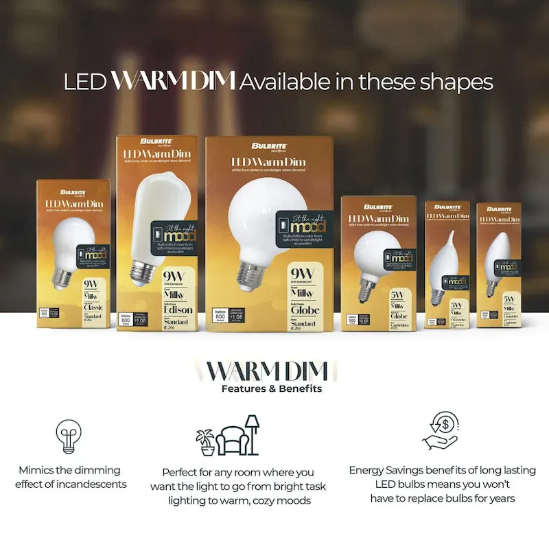 Bulbrite 5 Watt LED G16 Light Bulbs, Warm Dimming 3000K (Soft White) - 1800K (Candlelight), 500 Lumens, (4 Pack) - Pack of 4