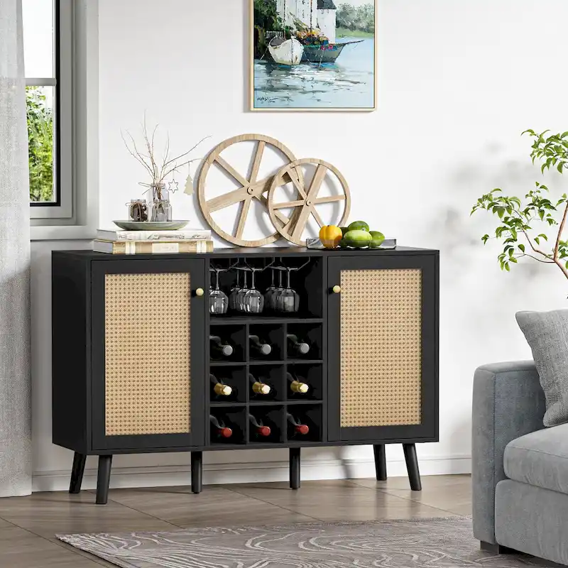 Anmytek Modern 2-Door Black Wood Rattan Kitchen Buffet Sideboard Coffee Bar Cabinet Server Table with Wine Rack