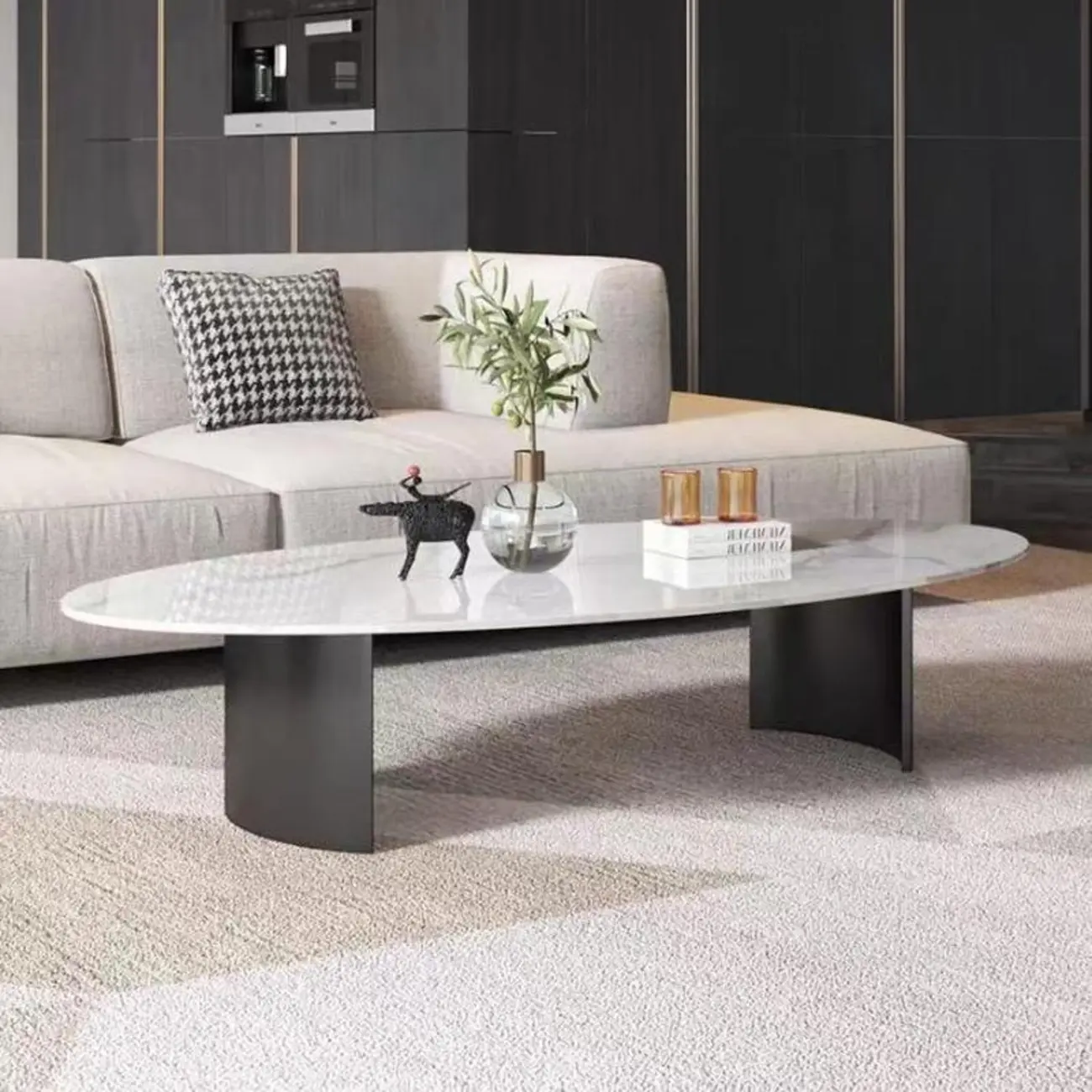 Oval Stone Top Scratch Resistant Iron Base Coffee Table