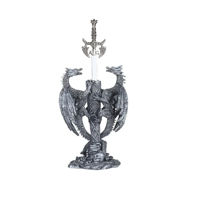 Q-Max 11 H Two Medieval Silver Dragons with Sword Guardian Statue Fantasy Decoration Figurine