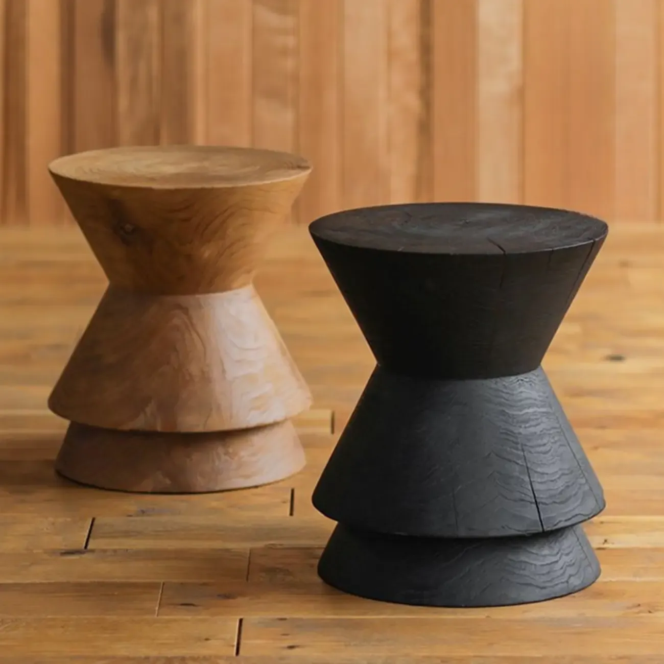 Small Round Modern Pine Wood Side Table with Drum Base