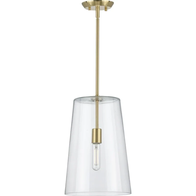 Clarion Collection One-Light Satin Brass Clear Glass Coastal Pendant Light - 10.5 in x 10.5 in x 15.875 in