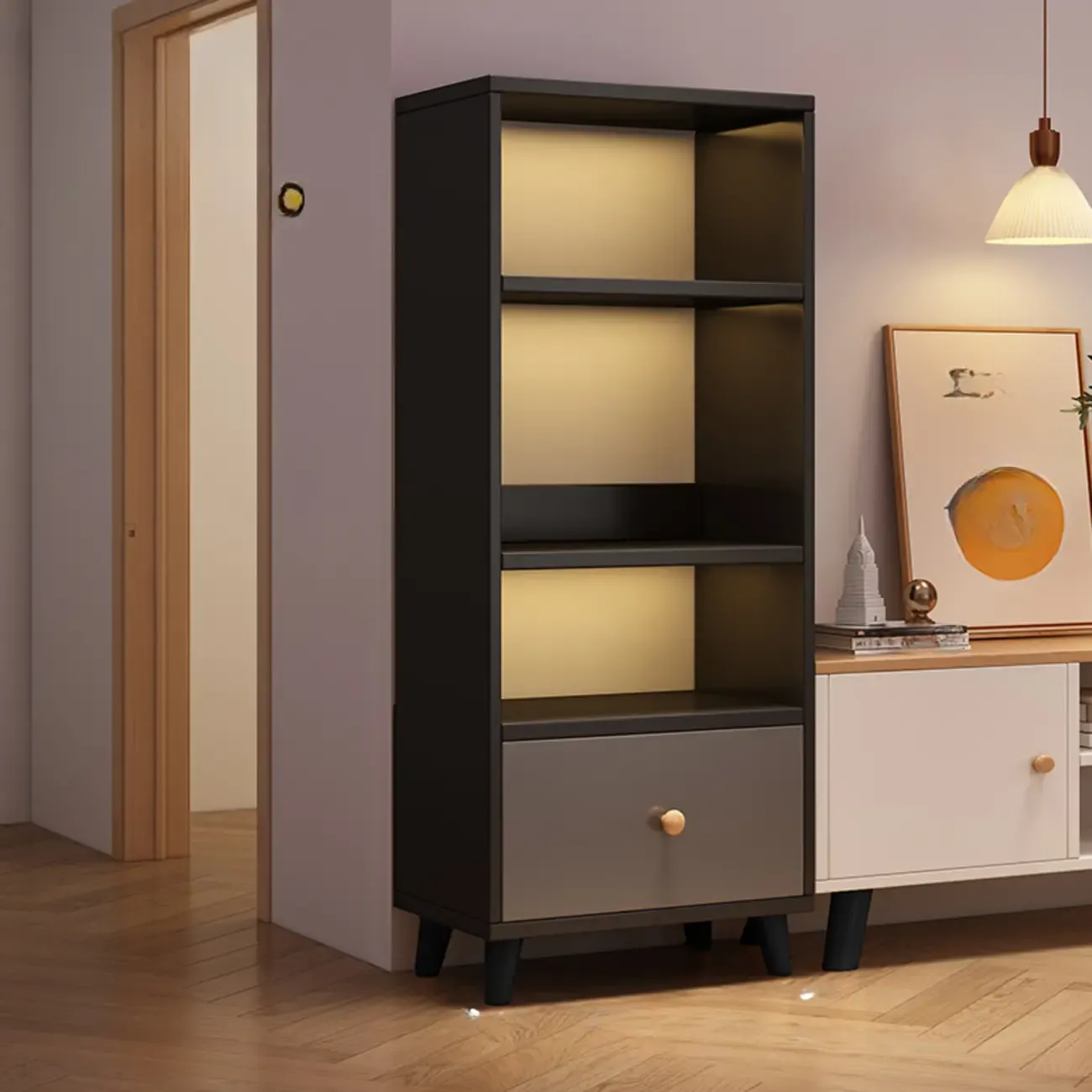 Tall Gray 4-Tier Open Back Wood Bookshelf with Drawer