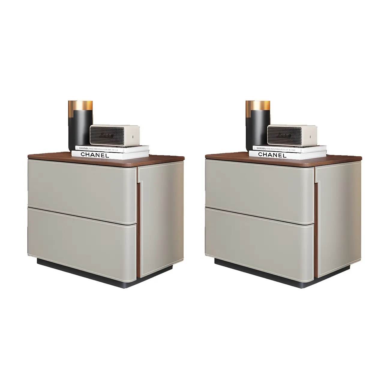 Modern Faux Leather Wood Top Drawers Nightstand