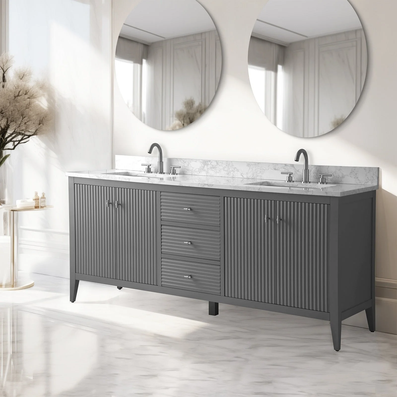 Vanity Art 72 Double Sink Bathroom Vanity Cabinet with Engineered Marble Top