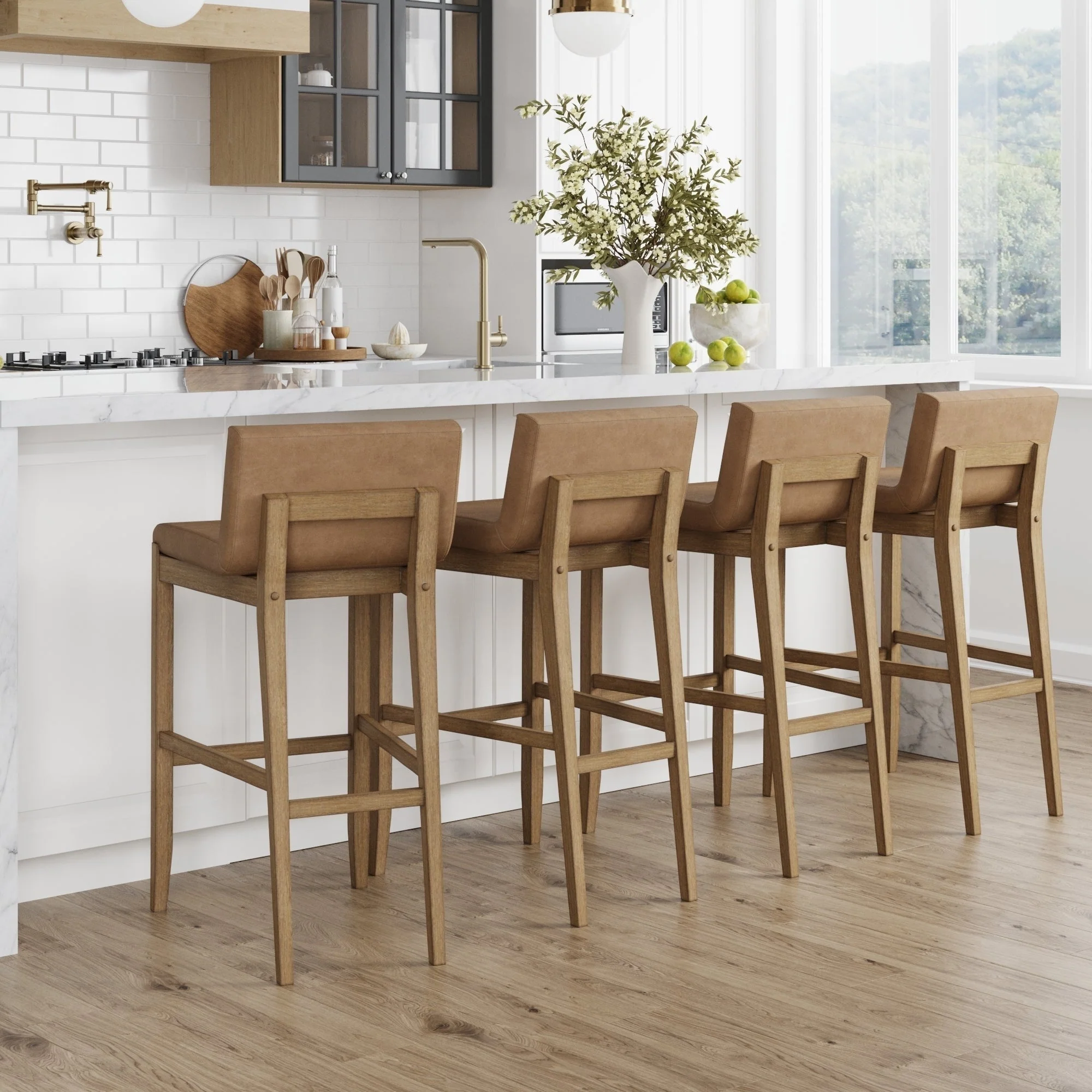 Gracie Modern Bar Stool, Boucle Upholstered Chair and Brushed Wooden Legs