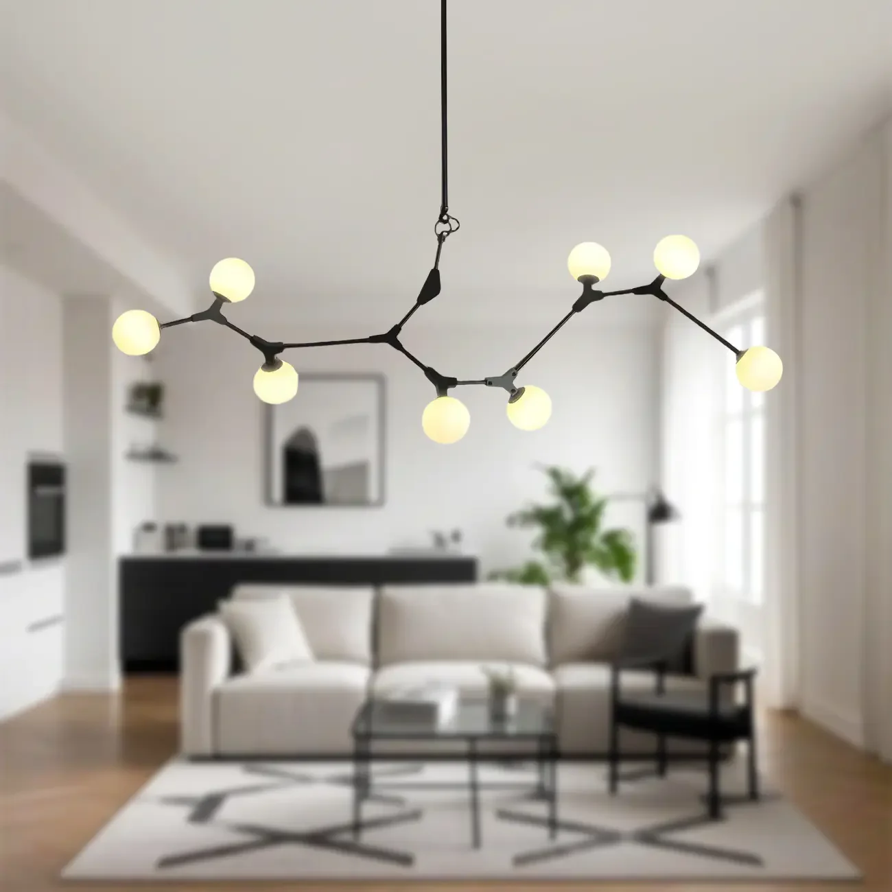 Modern Black Branch Globe 8-Light Island Chandelier
