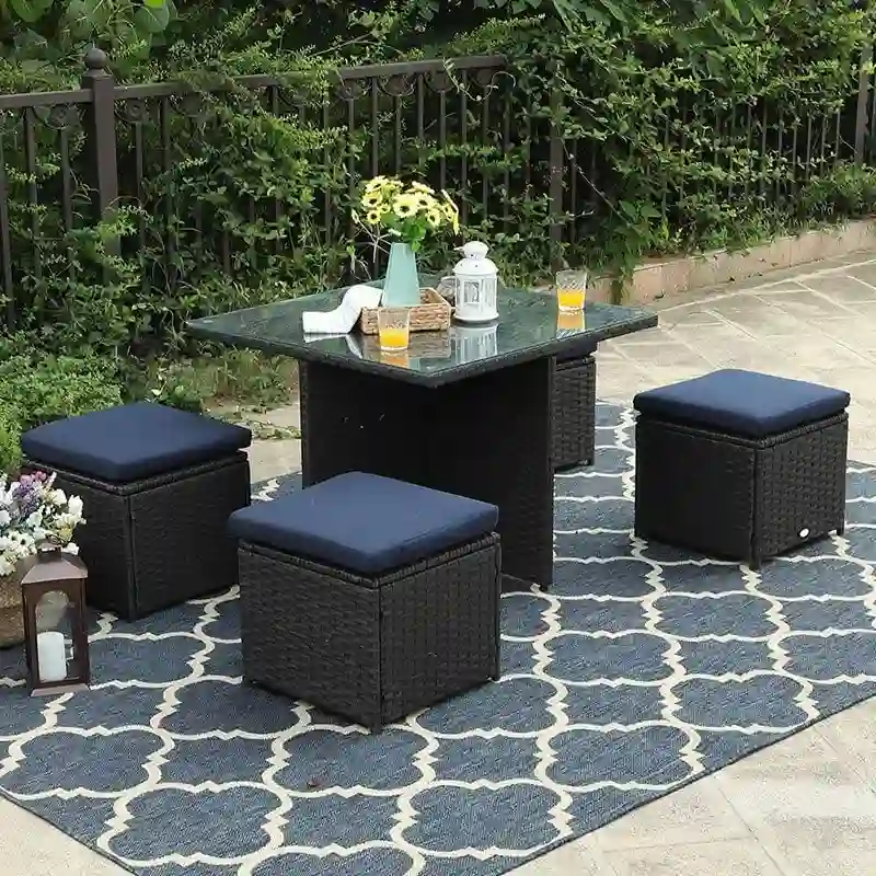 PHI VILLA Outdoor Dining Table and Ottoman Set with Cushions