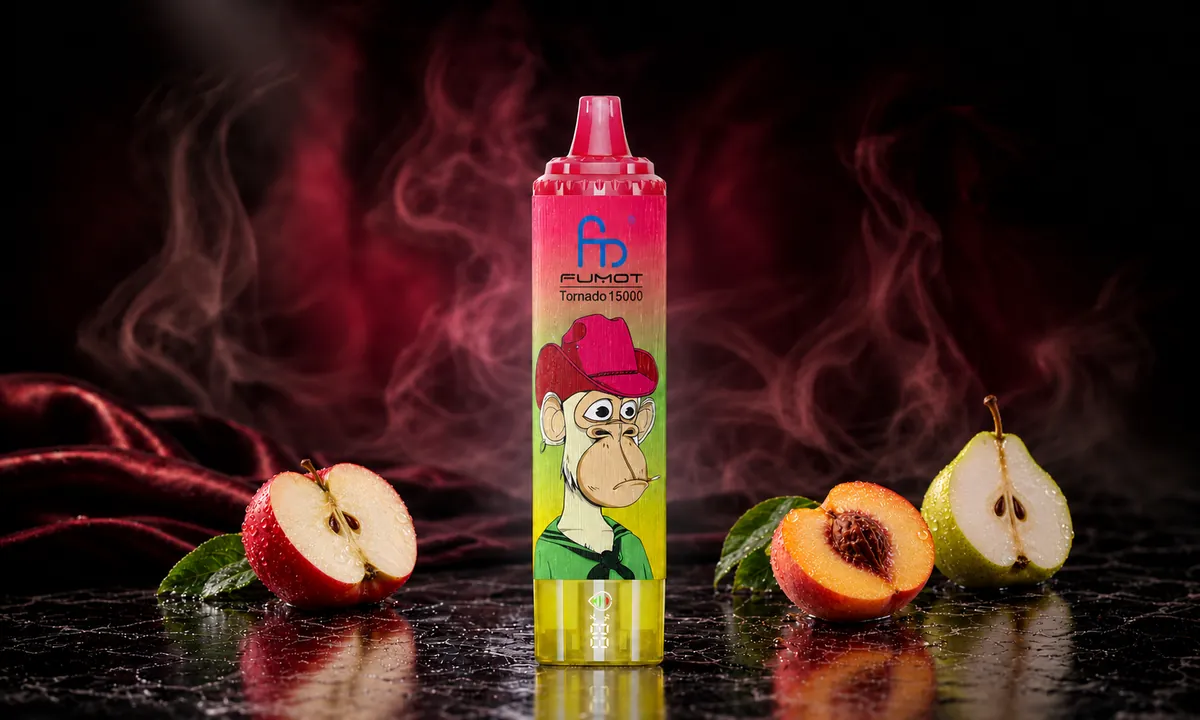 FUMOT Tornado 15000 Apple Peach Pear – E-Zigarette in einer atmosphärischen Produktszene