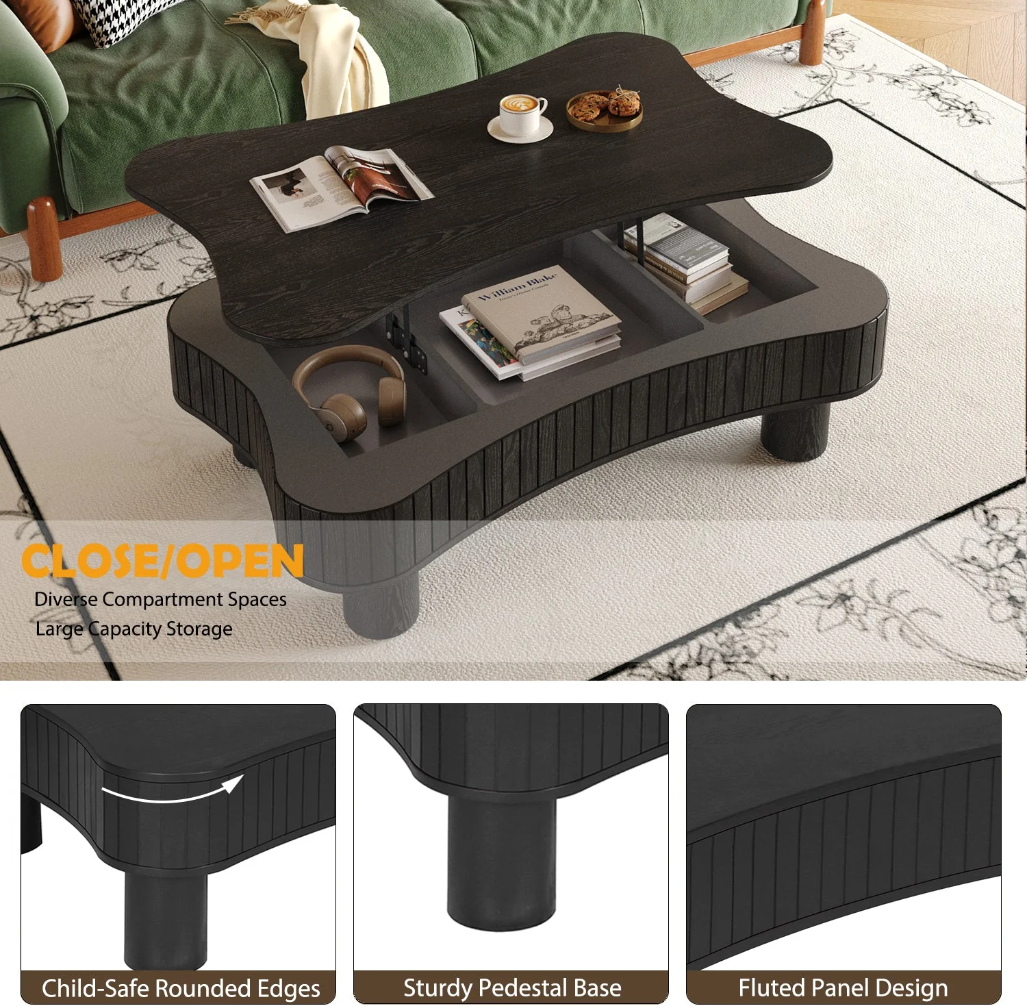 Walker Edison | Black Reeded Curve Design Lift Top Coffee Table and Desk