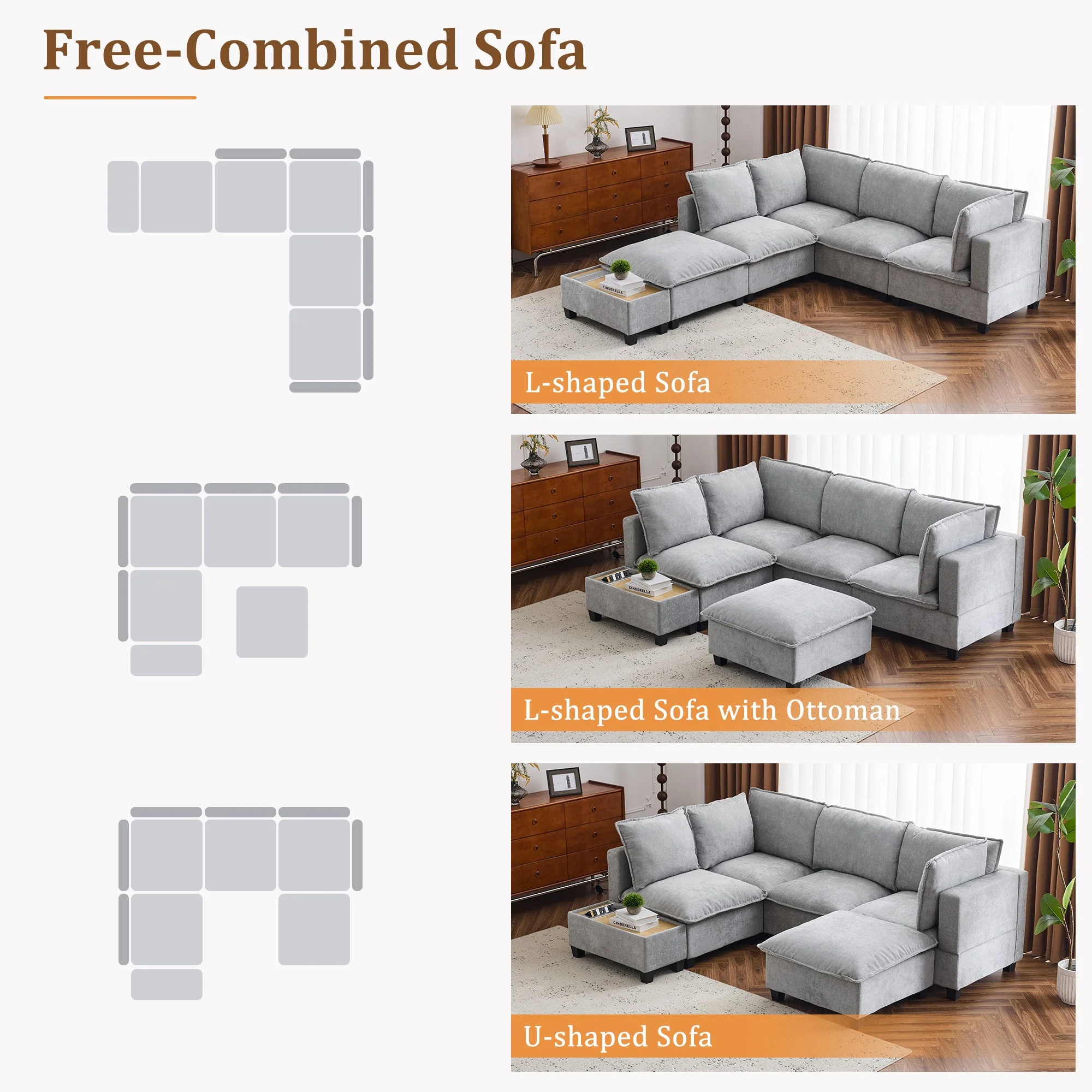Walker Edison | Cloud Chenille Modular Sectional Sofa with Coffee Table