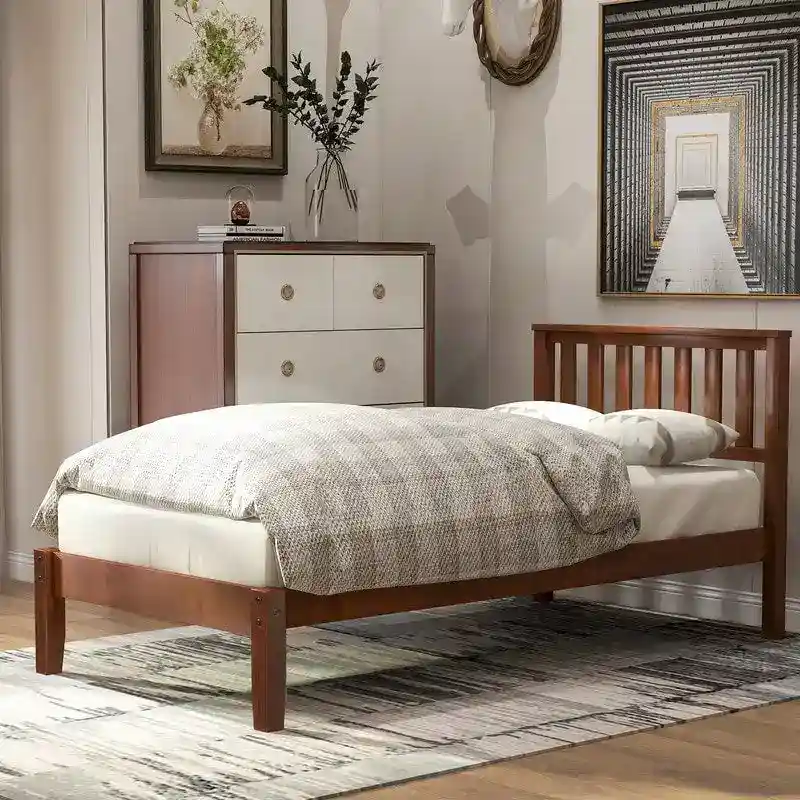 Twin Wood Platform Bed with Headboard and Wood Slat Support