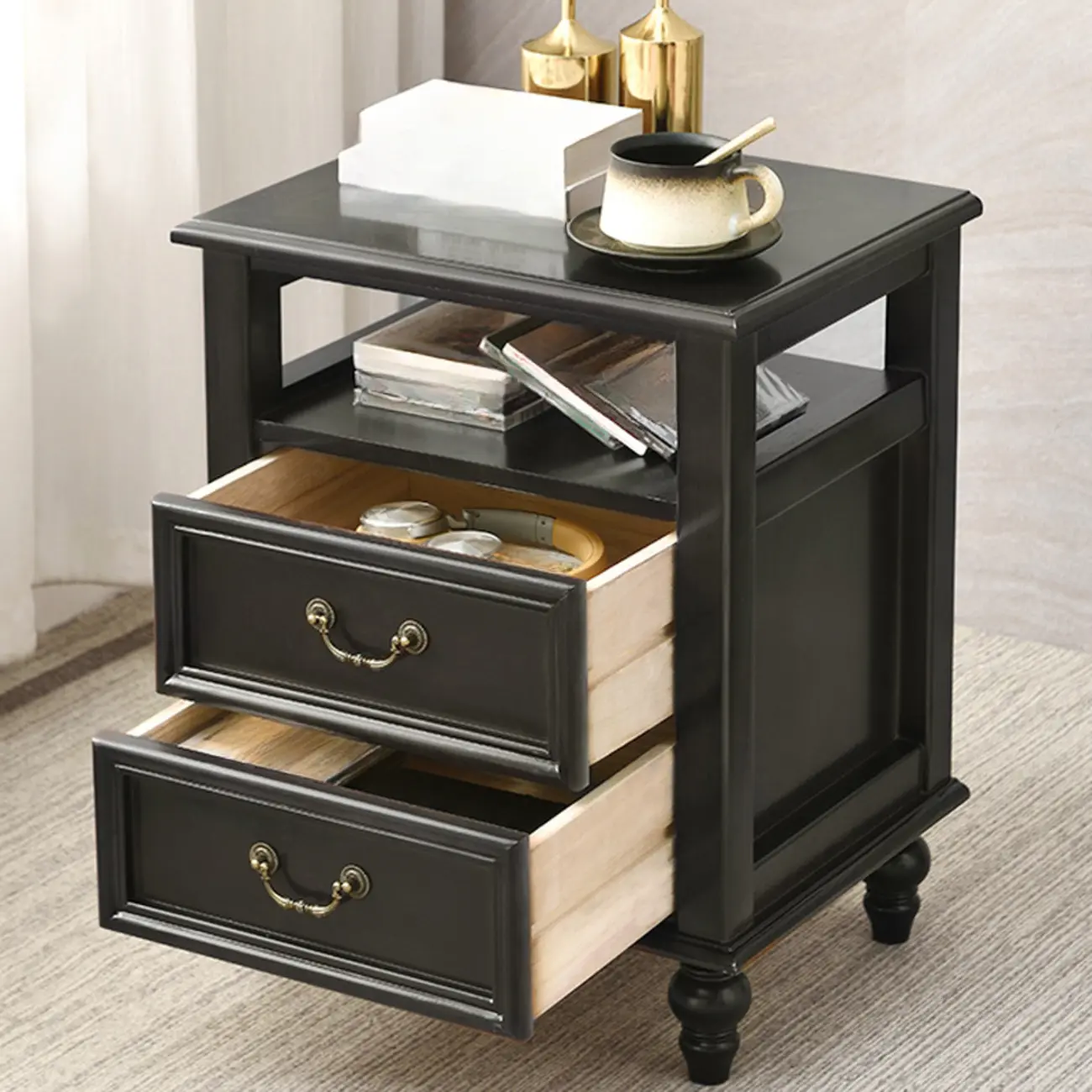 French Small 3-Tier Nightstand with Bronze Handles