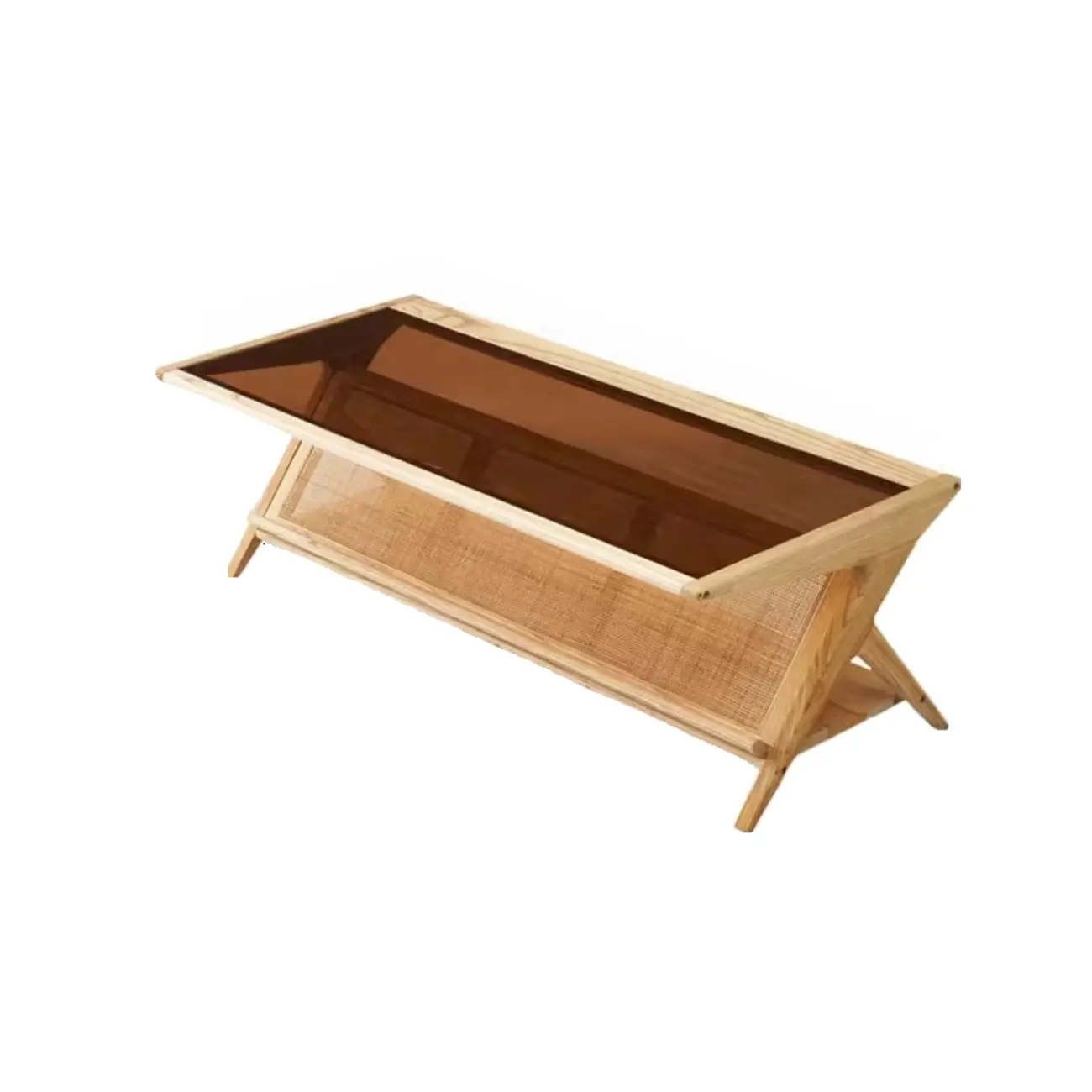 Modern Brown Rectangle Glass Wood Coffee Table with Shelf