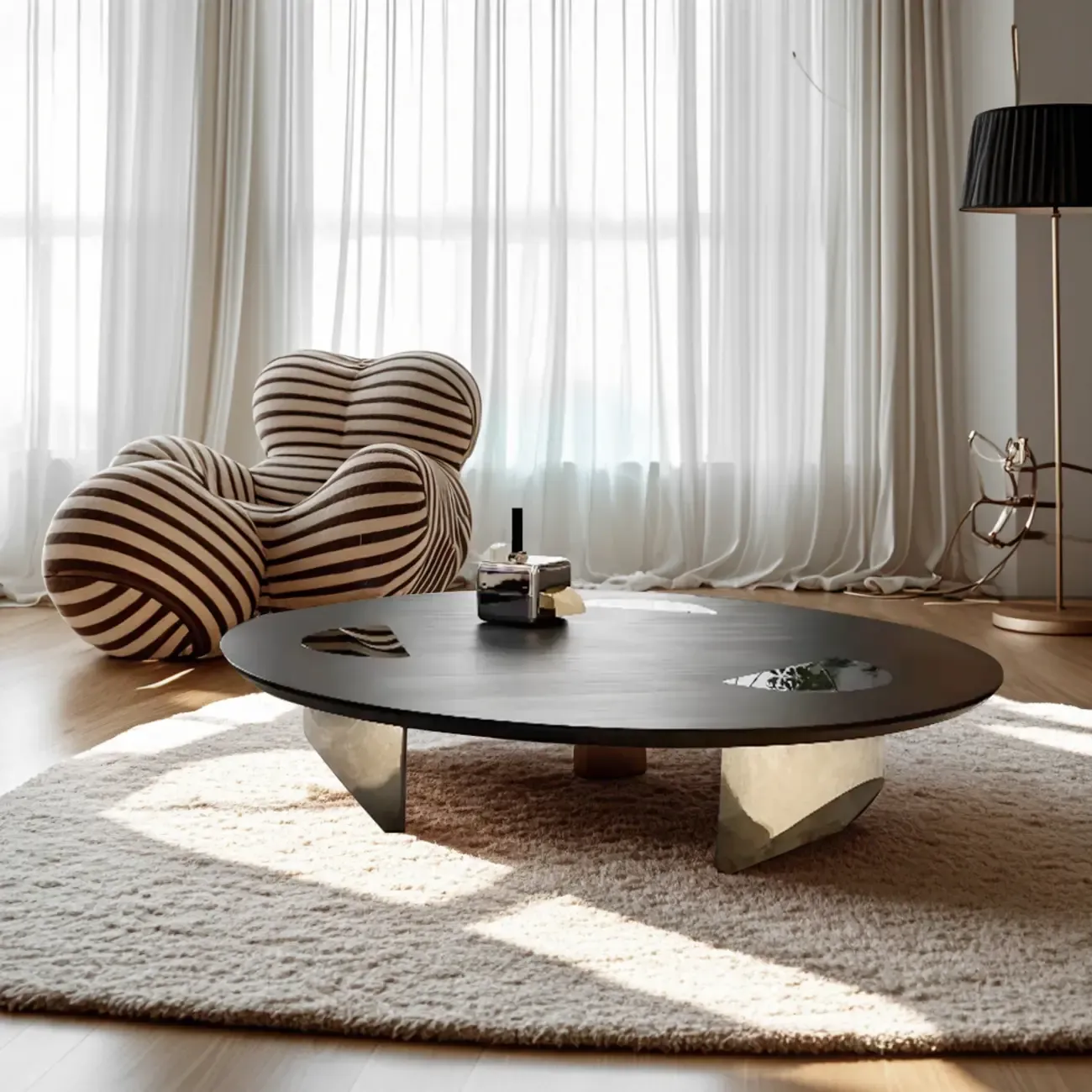 Glam Wood Black Round Table with Abstract Tripod Base
