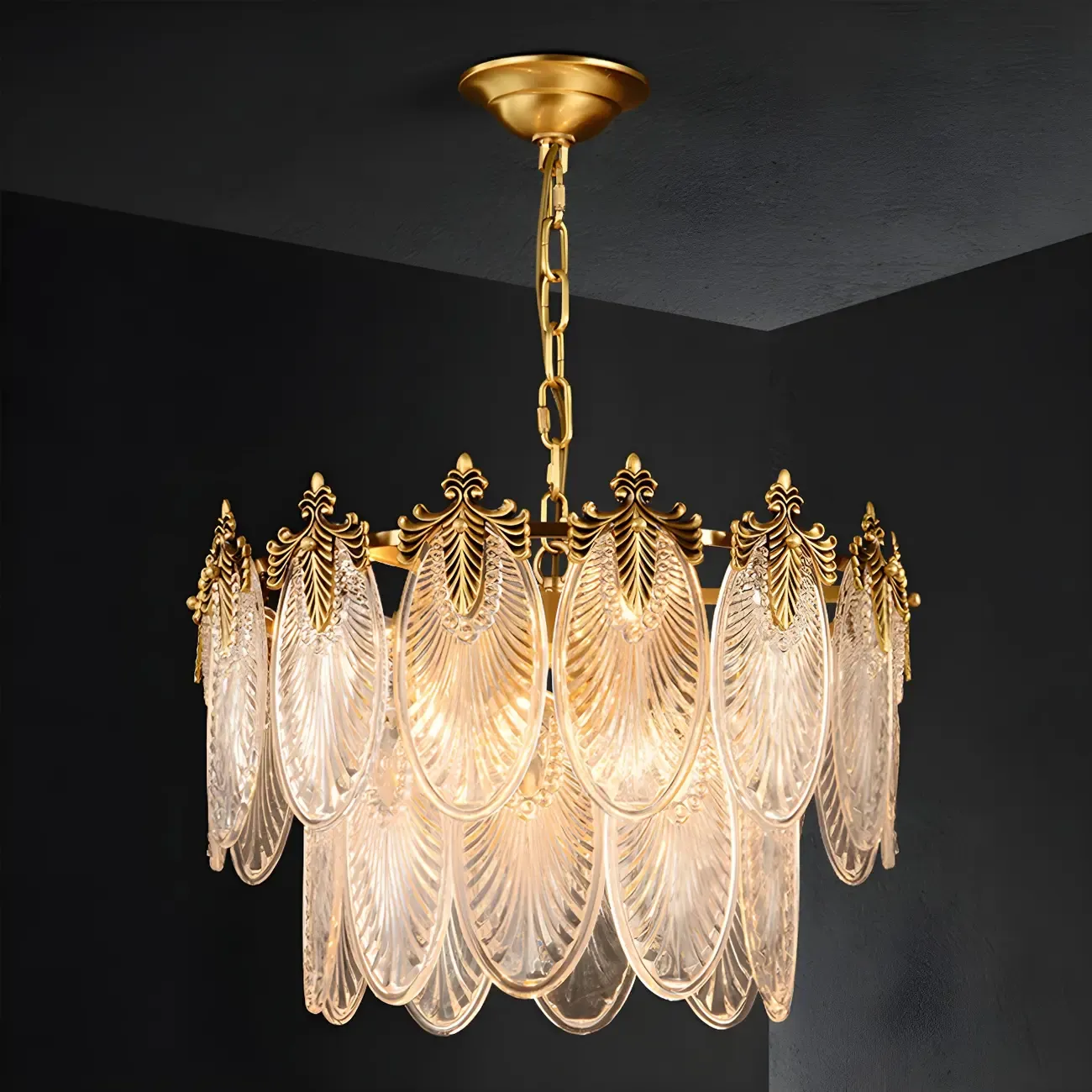 Elegant Brass Ribbed Glass Tiered Chandelier