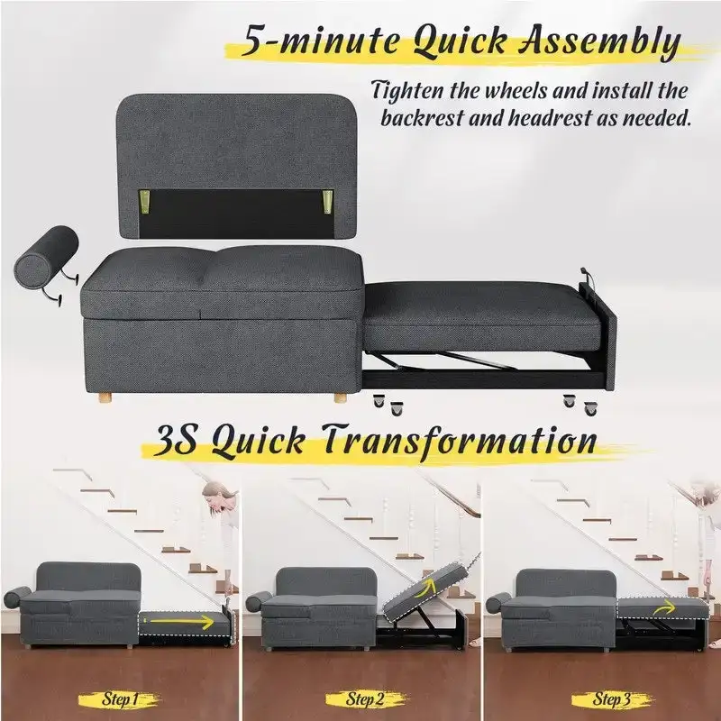 Hansabenne 4 in 1 Multi-Function Folding Sofa Folding Bed Single Futon Couch Guest Bed with 2 Throw Pillows