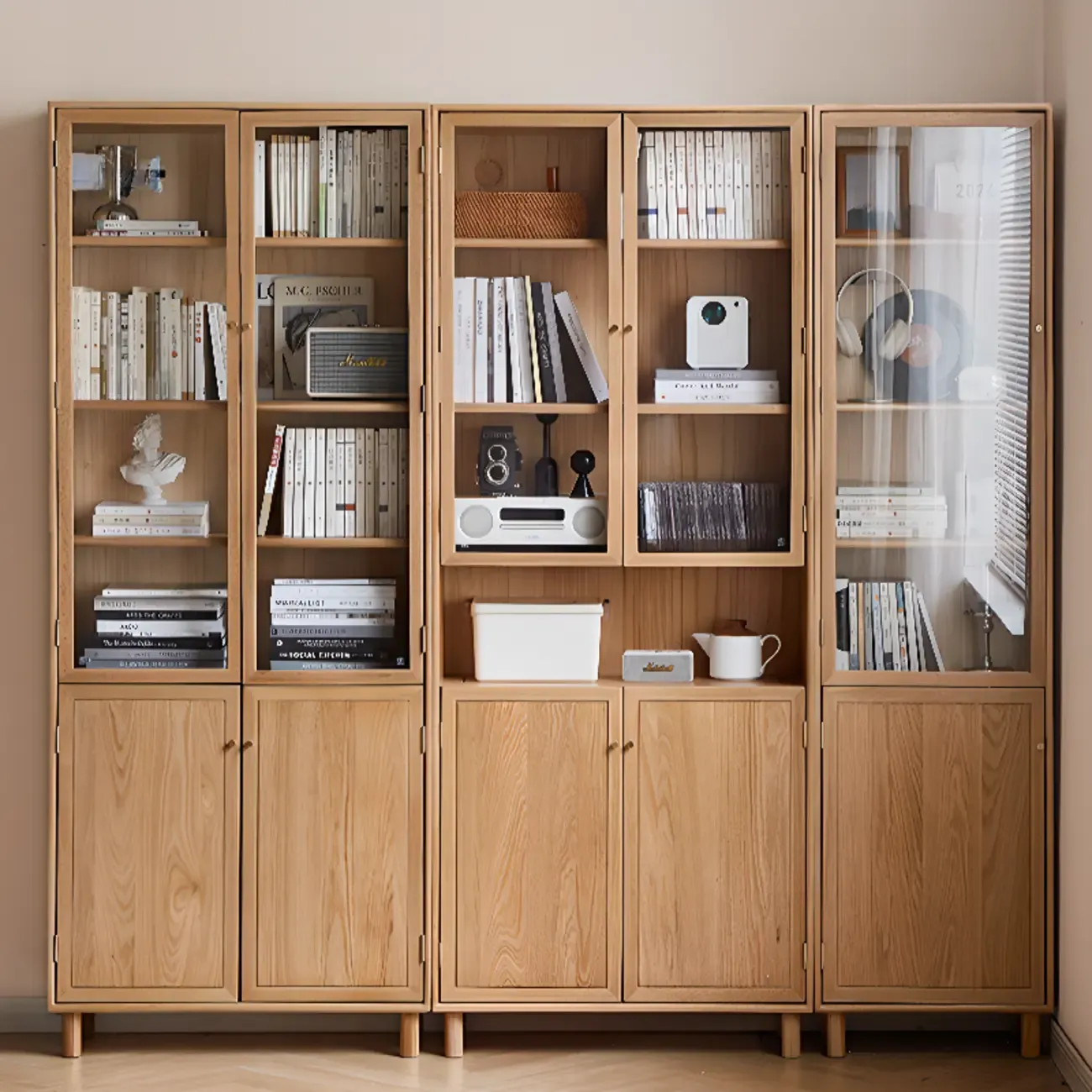 Rectangle Wood Bookcase with Glass Doors for Office