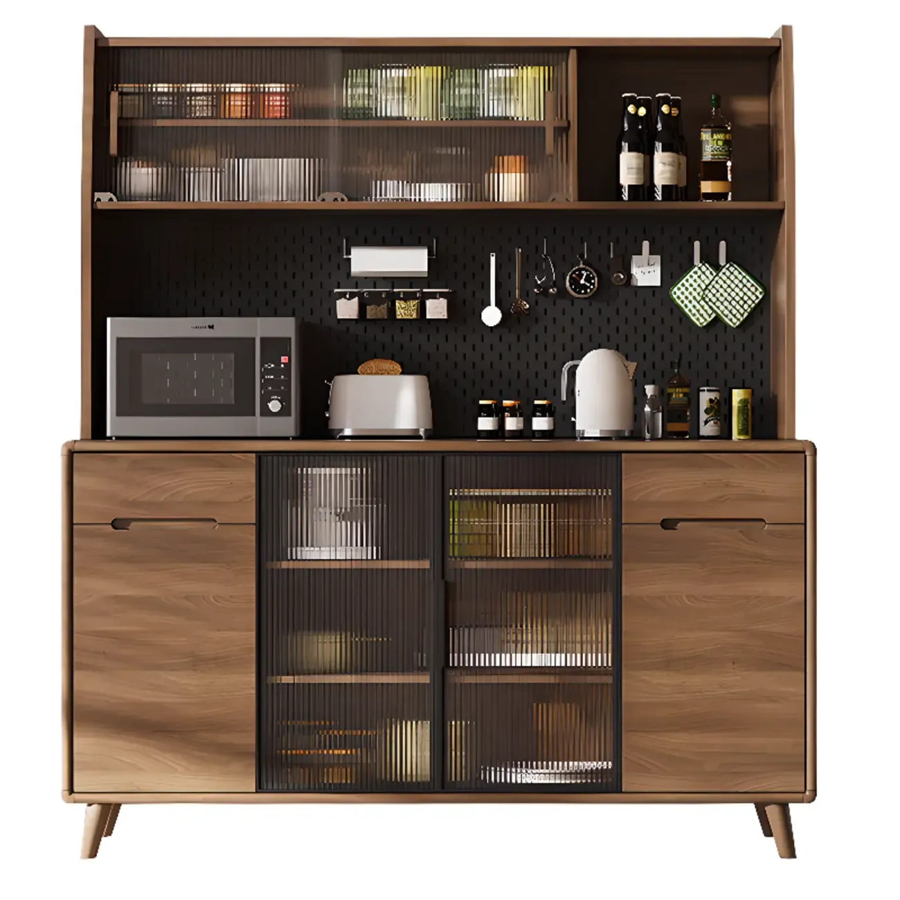 Kitchen Brown Wooden Hutch Top Sideboards with Pegboard Back