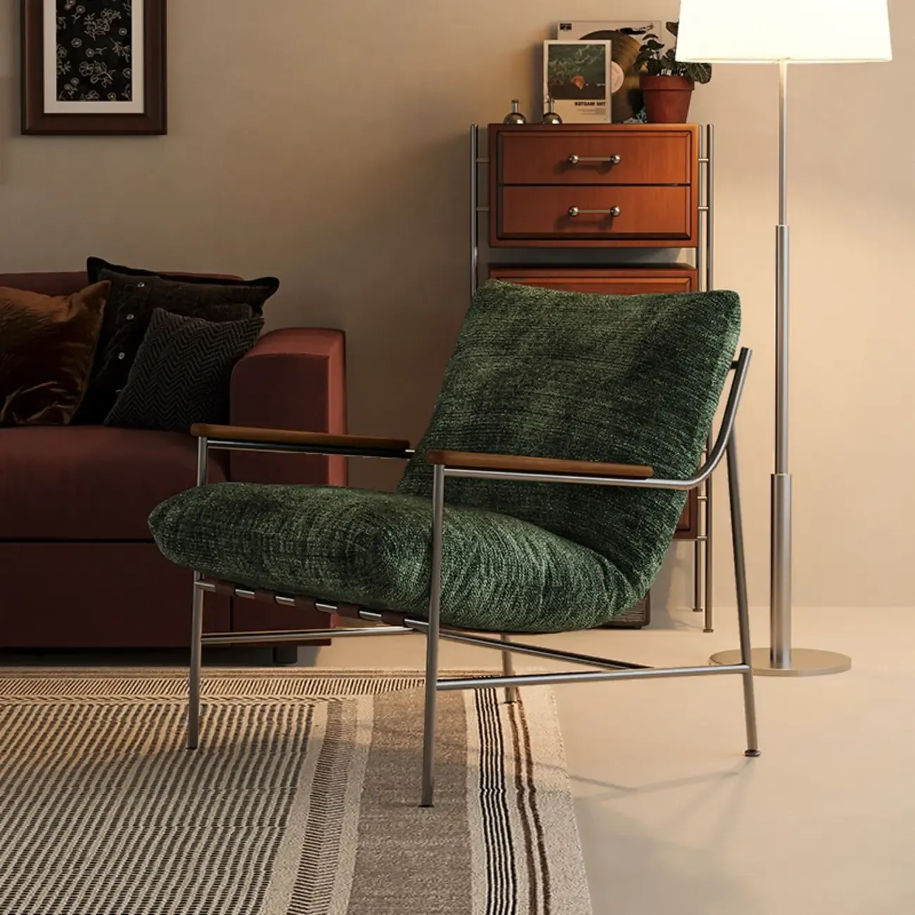 Mid-Century Modern Chenille Metal Frame Accent Chair